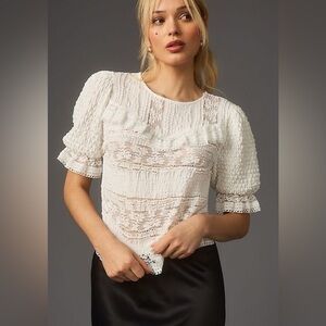 Anthropologie White Lace Puff Sleeve Blouse